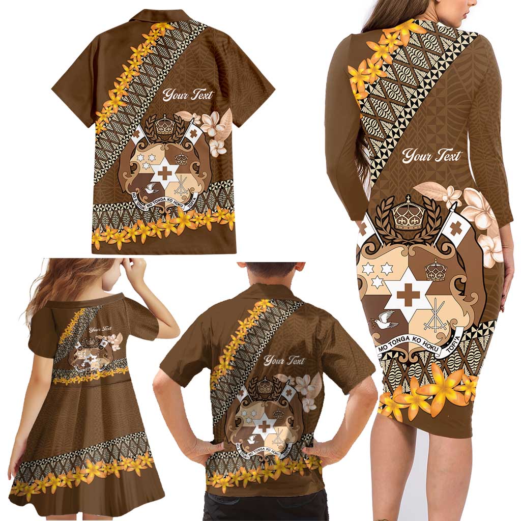 Personalised Tonga Language Week Family Matching Long Sleeve Bodycon Dress and Hawaiian Shirt Malo e Lelei Tongan Ngatu Pattern - Brown LT14 - Polynesian Pride