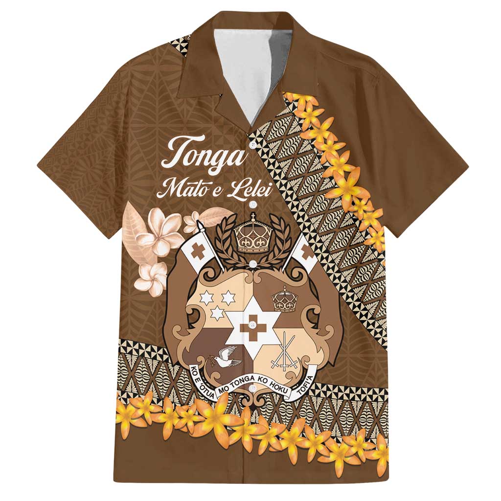 Personalised Tonga Language Week Family Matching Long Sleeve Bodycon Dress and Hawaiian Shirt Malo e Lelei Tongan Ngatu Pattern - Brown LT14 Dad's Shirt - Short Sleeve Brown - Polynesian Pride