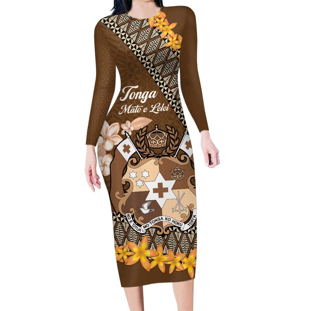 Personalised Tonga Language Week Family Matching Long Sleeve Bodycon Dress and Hawaiian Shirt Malo e Lelei Tongan Ngatu Pattern - Brown LT14 Mom's Dress Brown - Polynesian Pride