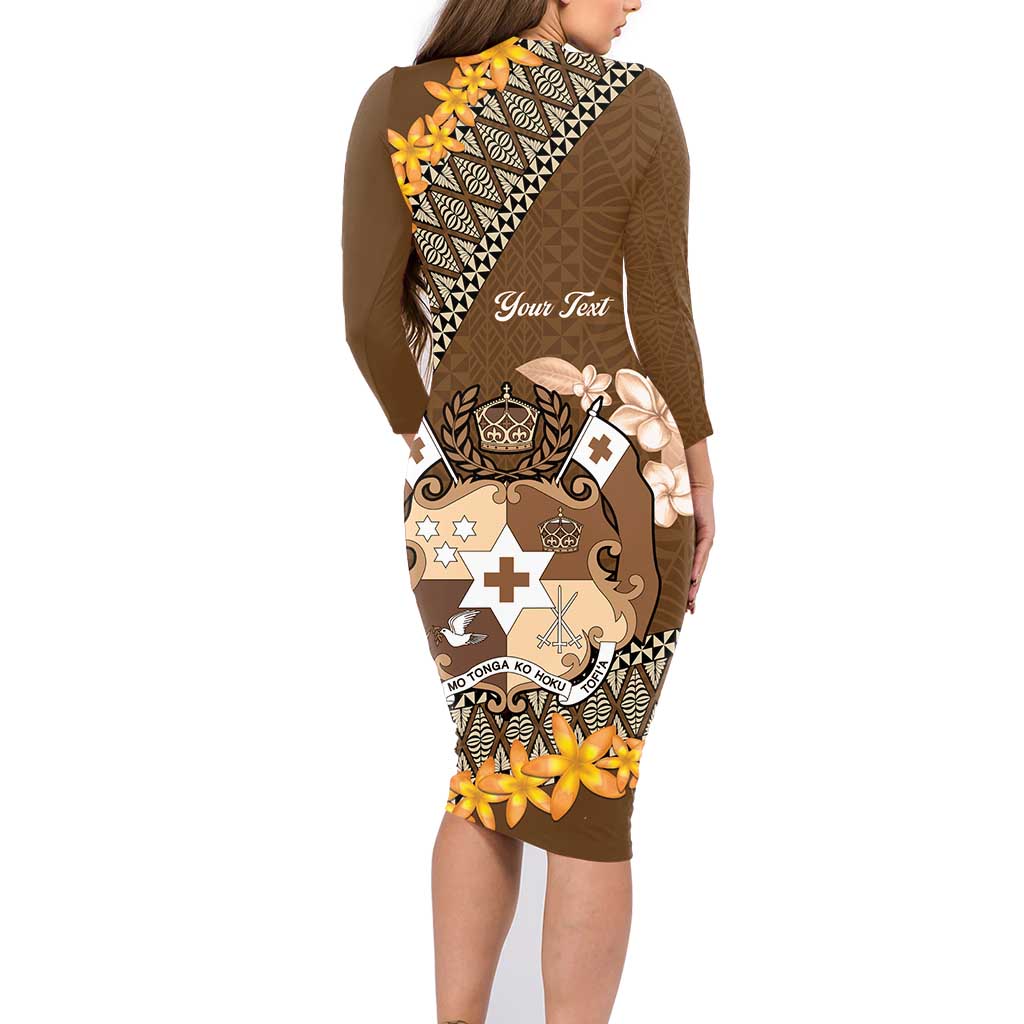 Personalised Tonga Language Week Family Matching Long Sleeve Bodycon Dress and Hawaiian Shirt Malo e Lelei Tongan Ngatu Pattern - Brown LT14 - Polynesian Pride