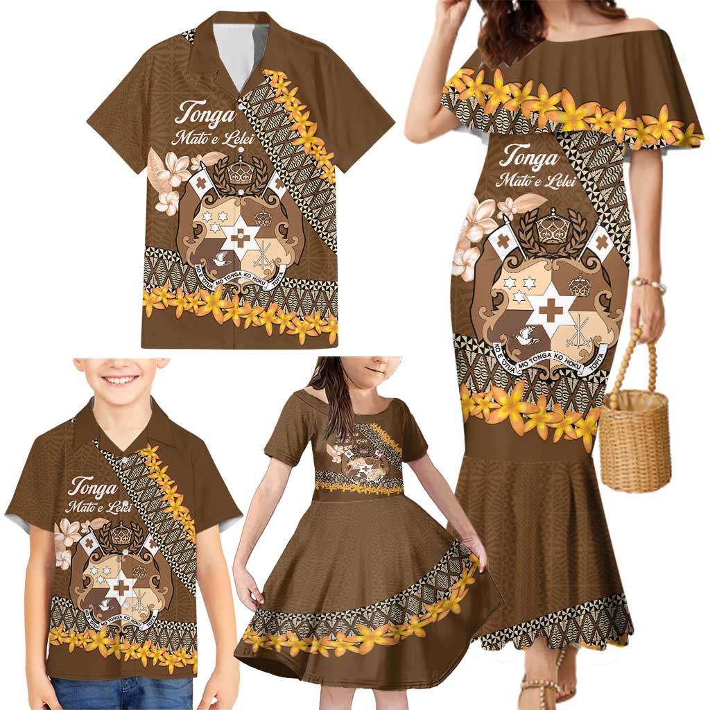 Personalised Tonga Language Week Family Matching Mermaid Dress and Hawaiian Shirt Malo e Lelei Tongan Ngatu Pattern - Brown LT14 - Polynesian Pride