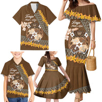 Personalised Tonga Language Week Family Matching Mermaid Dress and Hawaiian Shirt Malo e Lelei Tongan Ngatu Pattern - Brown LT14 - Polynesian Pride