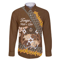 Personalised Tonga Language Week Family Matching Mermaid Dress and Hawaiian Shirt Malo e Lelei Tongan Ngatu Pattern - Brown LT14 Dad's Shirt - Long Sleeve Brown - Polynesian Pride
