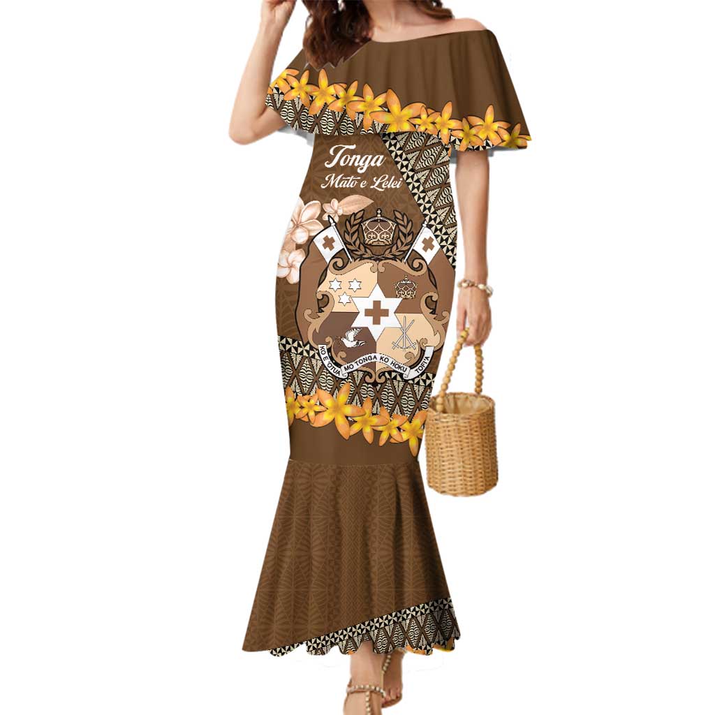 Personalised Tonga Language Week Family Matching Mermaid Dress and Hawaiian Shirt Malo e Lelei Tongan Ngatu Pattern - Brown LT14 Mom's Dress Brown - Polynesian Pride