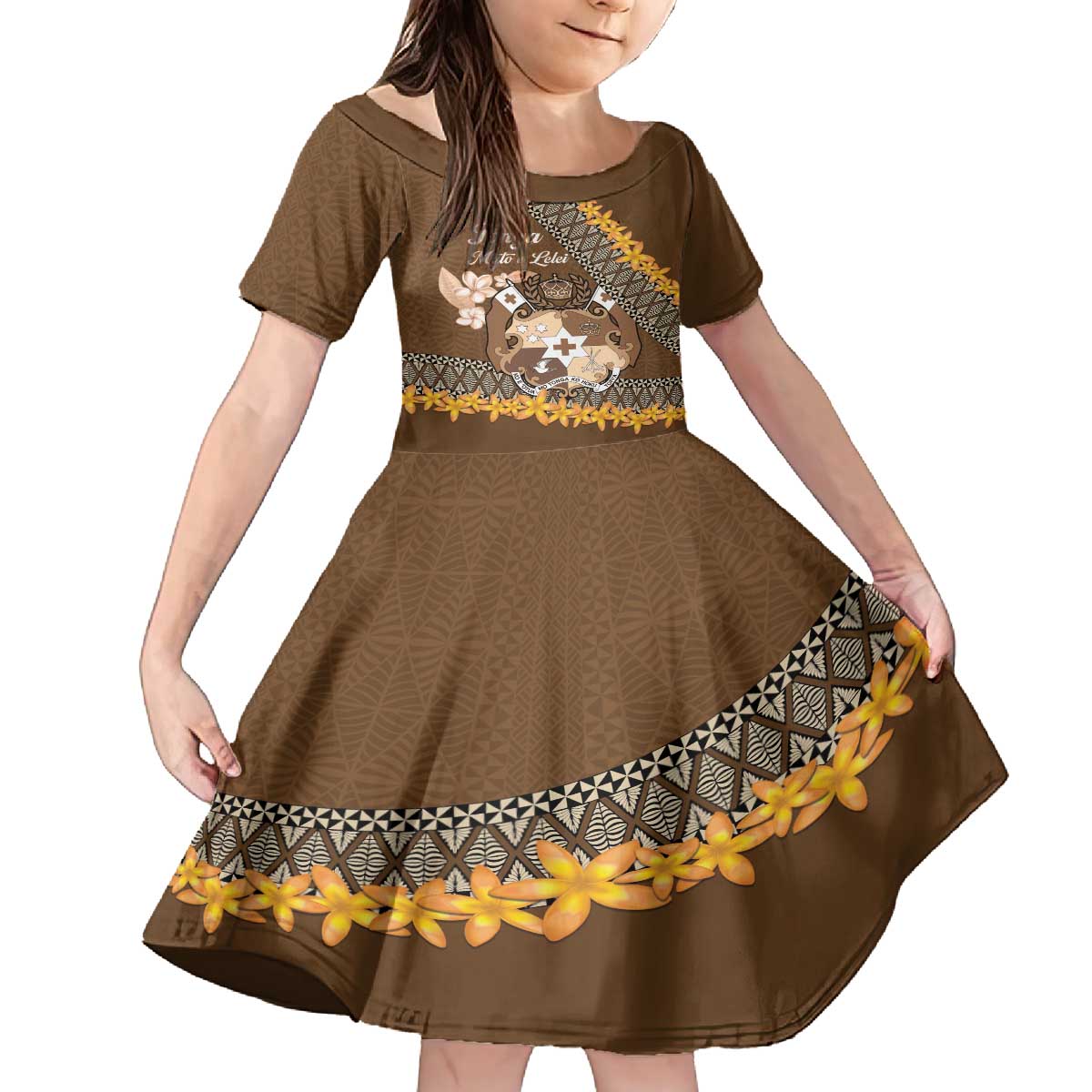 Personalised Tonga Language Week Family Matching Off The Shoulder Long Sleeve Dress and Hawaiian Shirt Malo e Lelei Tongan Ngatu Pattern - Brown LT14 Daughter's Dress Brown - Polynesian Pride
