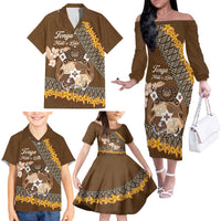 Personalised Tonga Language Week Family Matching Off The Shoulder Long Sleeve Dress and Hawaiian Shirt Malo e Lelei Tongan Ngatu Pattern - Brown LT14 - Polynesian Pride