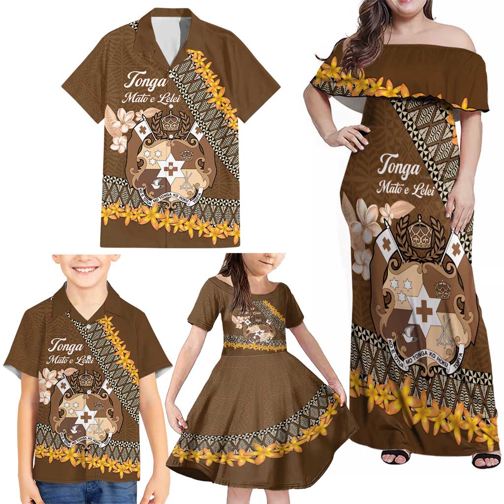 Personalised Tonga Language Week Family Matching Off Shoulder Maxi Dress and Hawaiian Shirt Malo e Lelei Tongan Ngatu Pattern - Brown LT14 - Polynesian Pride