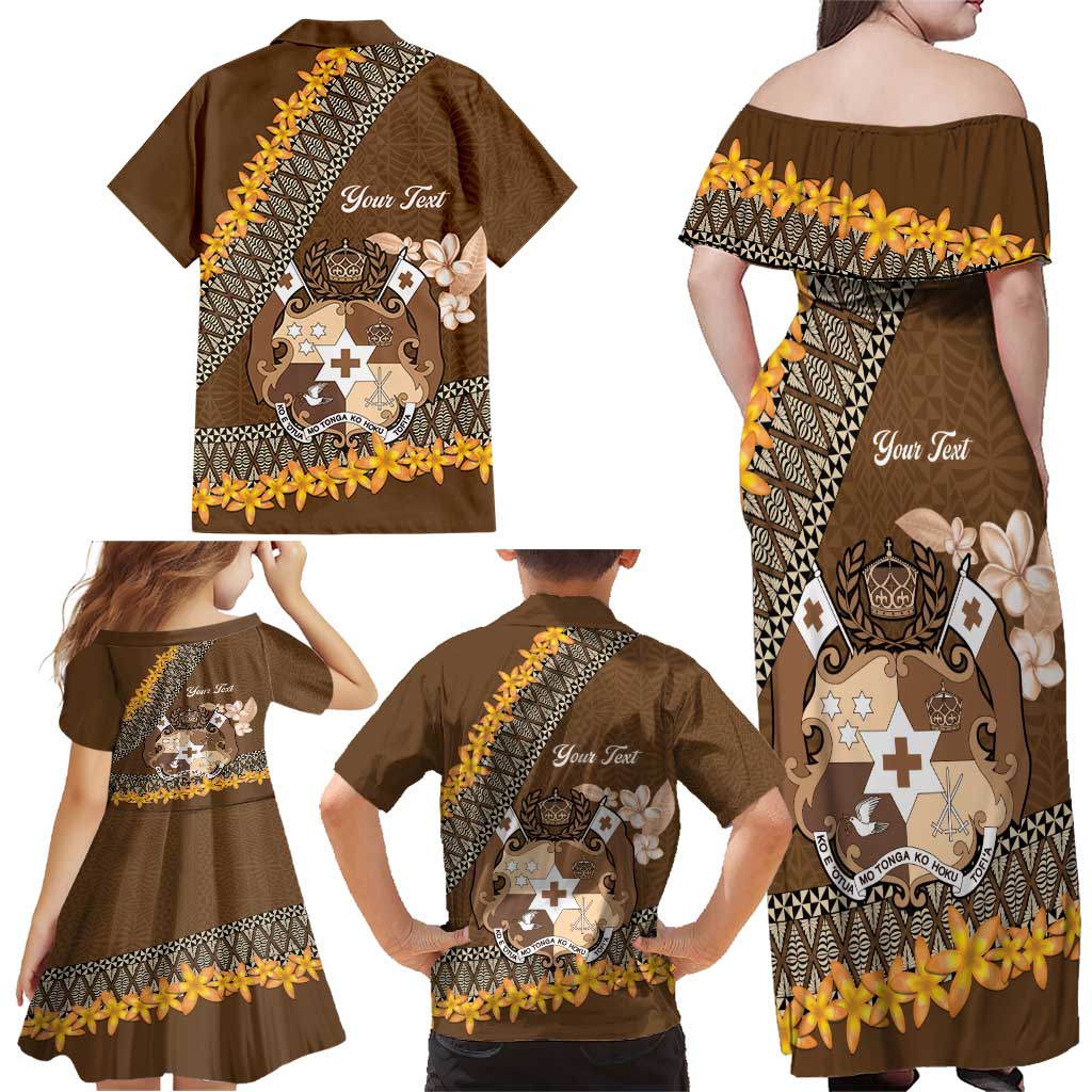 Personalised Tonga Language Week Family Matching Off Shoulder Maxi Dress and Hawaiian Shirt Malo e Lelei Tongan Ngatu Pattern - Brown LT14 - Polynesian Pride
