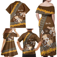 Personalised Tonga Language Week Family Matching Off Shoulder Maxi Dress and Hawaiian Shirt Malo e Lelei Tongan Ngatu Pattern - Brown LT14 - Polynesian Pride