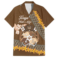 Personalised Tonga Language Week Family Matching Off Shoulder Maxi Dress and Hawaiian Shirt Malo e Lelei Tongan Ngatu Pattern - Brown LT14 Dad's Shirt - Short Sleeve Brown - Polynesian Pride