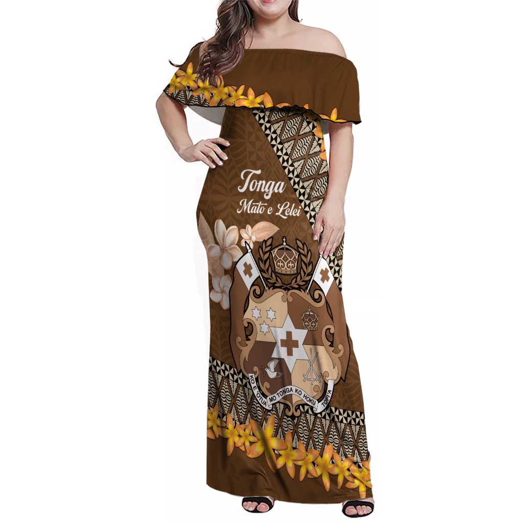 Personalised Tonga Language Week Family Matching Off Shoulder Maxi Dress and Hawaiian Shirt Malo e Lelei Tongan Ngatu Pattern - Brown LT14 Mom's Dress Brown - Polynesian Pride