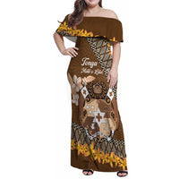 Personalised Tonga Language Week Family Matching Off Shoulder Maxi Dress and Hawaiian Shirt Malo e Lelei Tongan Ngatu Pattern - Brown LT14 Mom's Dress Brown - Polynesian Pride