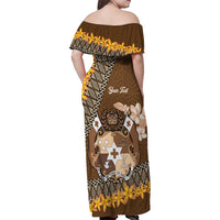 Personalised Tonga Language Week Family Matching Off Shoulder Maxi Dress and Hawaiian Shirt Malo e Lelei Tongan Ngatu Pattern - Brown LT14 - Polynesian Pride