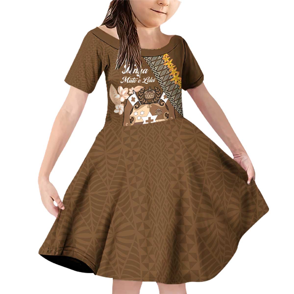 Personalised Tonga Language Week Family Matching Off Shoulder Short Dress and Hawaiian Shirt Malo e Lelei Tongan Ngatu Pattern - Brown LT14 Daughter's Dress Brown - Polynesian Pride