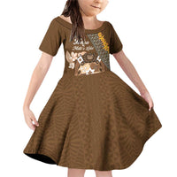 Personalised Tonga Language Week Family Matching Off Shoulder Short Dress and Hawaiian Shirt Malo e Lelei Tongan Ngatu Pattern - Brown LT14 Daughter's Dress Brown - Polynesian Pride