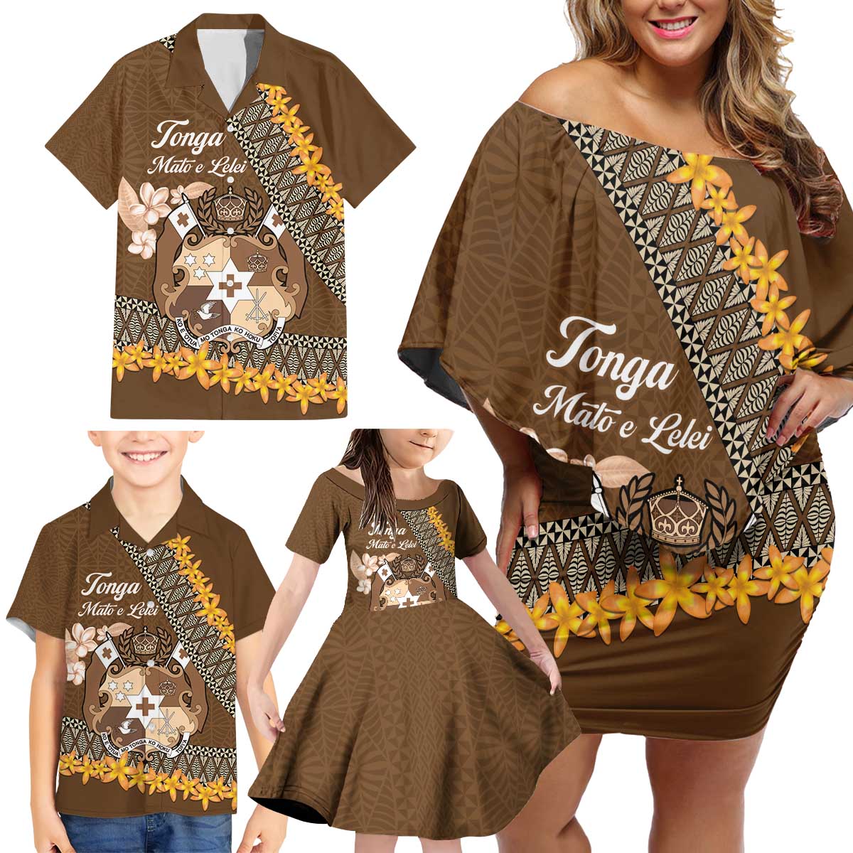 Personalised Tonga Language Week Family Matching Off Shoulder Short Dress and Hawaiian Shirt Malo e Lelei Tongan Ngatu Pattern - Brown LT14 - Polynesian Pride