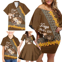 Personalised Tonga Language Week Family Matching Off Shoulder Short Dress and Hawaiian Shirt Malo e Lelei Tongan Ngatu Pattern - Brown LT14 - Polynesian Pride