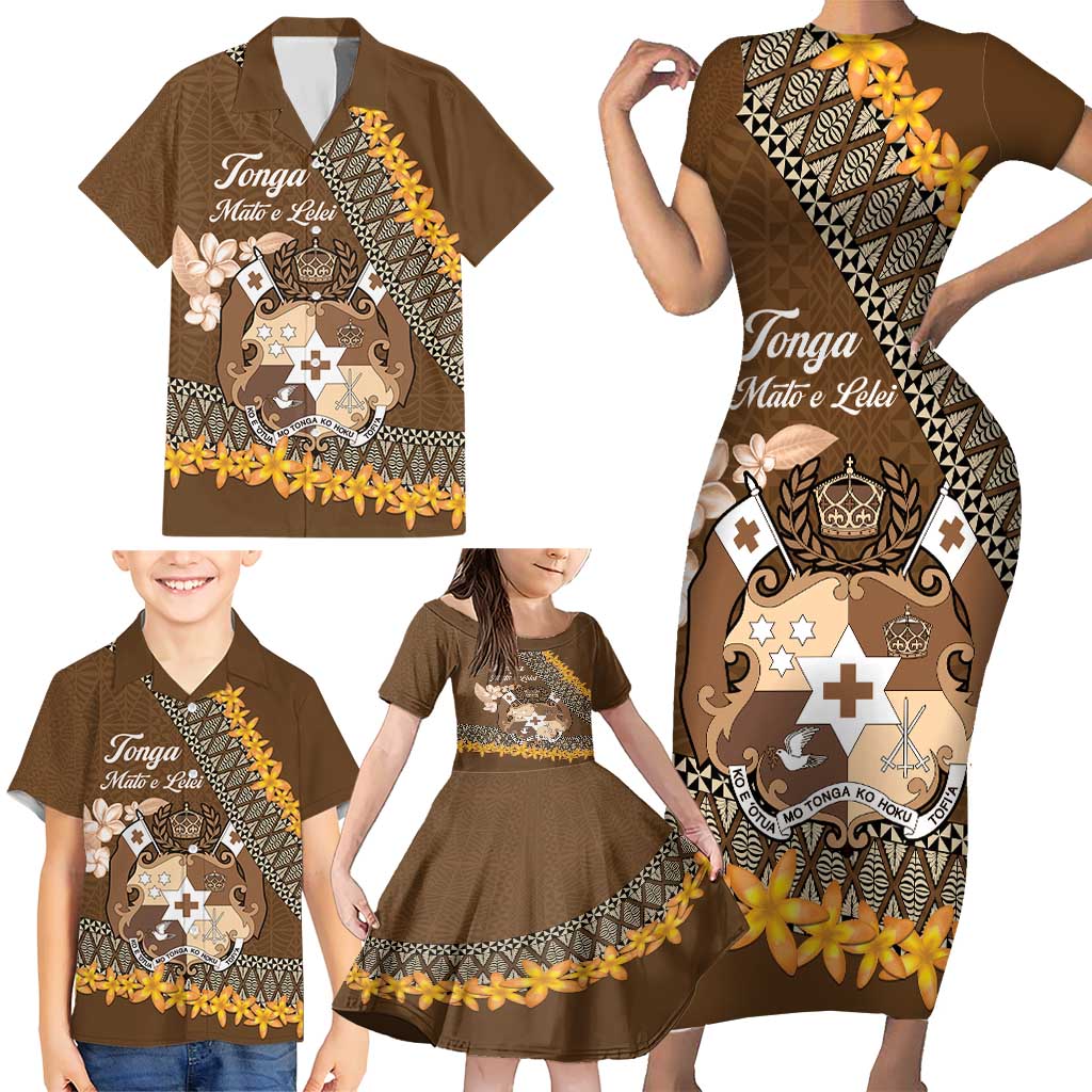 Personalised Tonga Language Week Family Matching Short Sleeve Bodycon Dress and Hawaiian Shirt Malo e Lelei Tongan Ngatu Pattern - Brown LT14 - Polynesian Pride