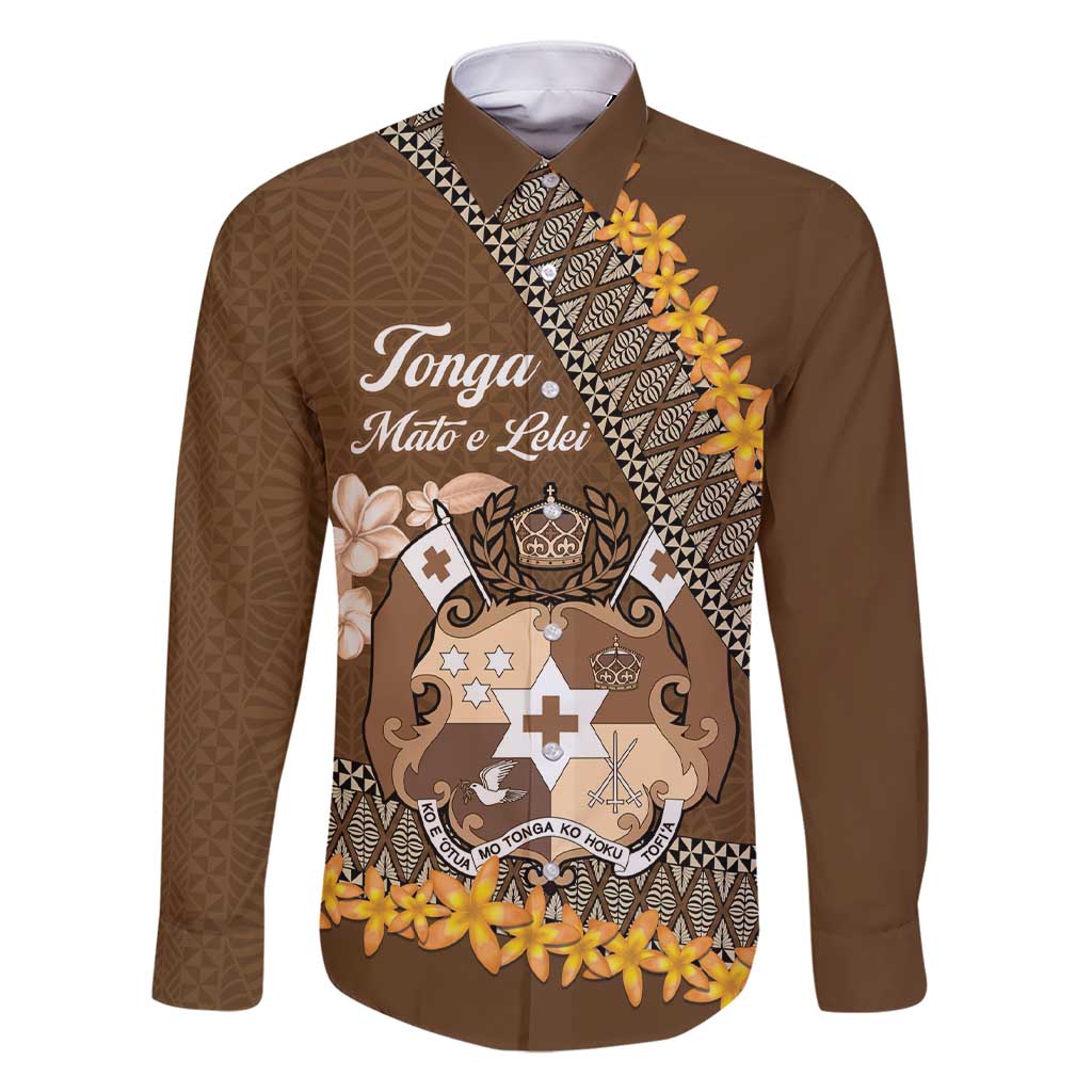 Personalised Tonga Language Week Family Matching Short Sleeve Bodycon Dress and Hawaiian Shirt Malo e Lelei Tongan Ngatu Pattern - Brown LT14 Dad's Shirt - Long Sleeve Brown - Polynesian Pride