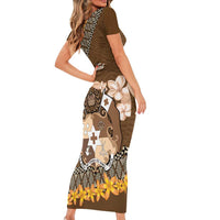 Personalised Tonga Language Week Family Matching Short Sleeve Bodycon Dress and Hawaiian Shirt Malo e Lelei Tongan Ngatu Pattern - Brown LT14 - Polynesian Pride