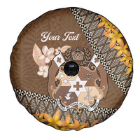 Personalised Tonga Language Week Spare Tire Cover Malo e Lelei Tongan Ngatu Pattern - Brown LT14 - Polynesian Pride