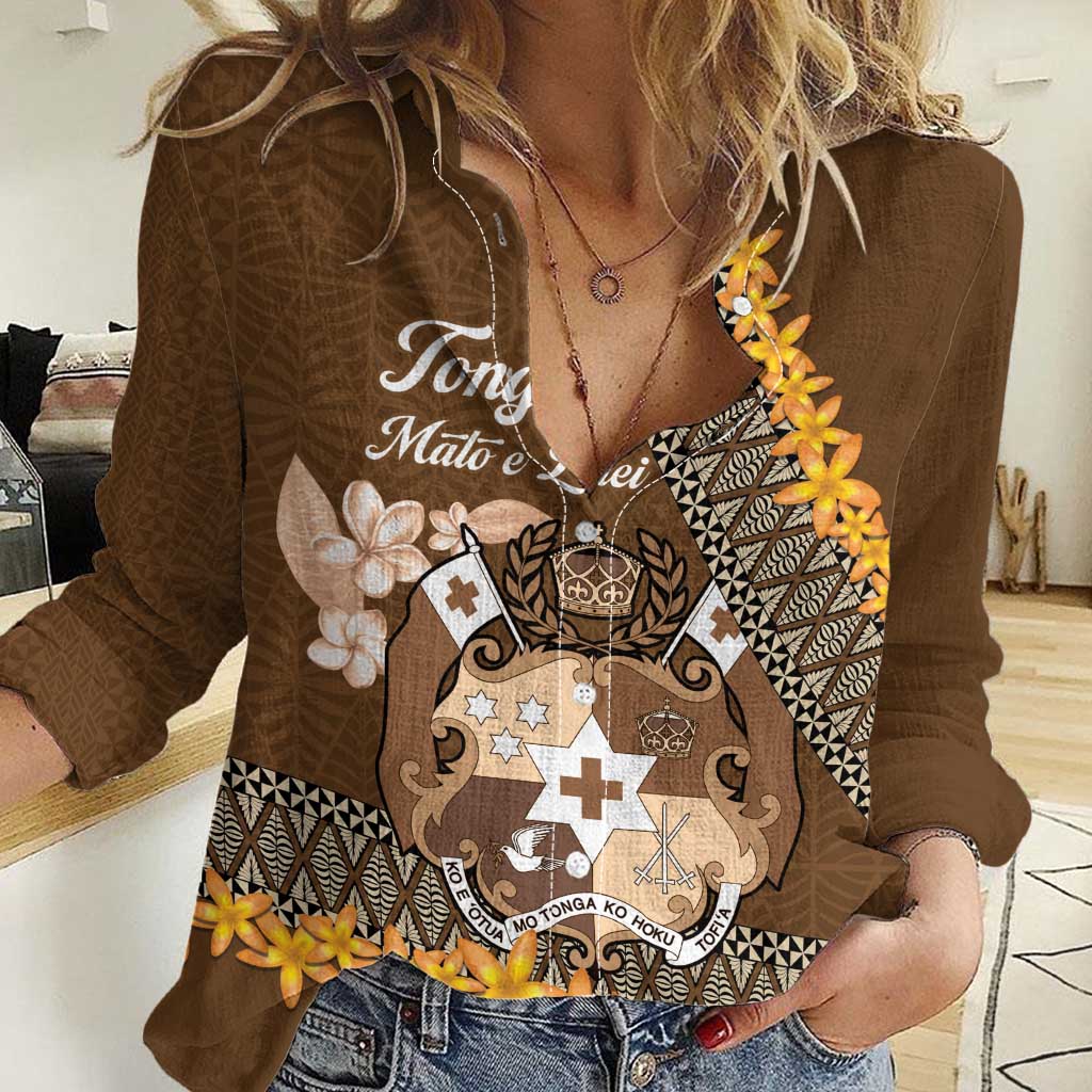 Personalised Tonga Language Week Women Casual Shirt Malo e Lelei Tongan Ngatu Pattern - Brown LT14 Female Brown - Polynesian Pride