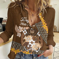 Personalised Tonga Language Week Women Casual Shirt Malo e Lelei Tongan Ngatu Pattern - Brown LT14 Female Brown - Polynesian Pride