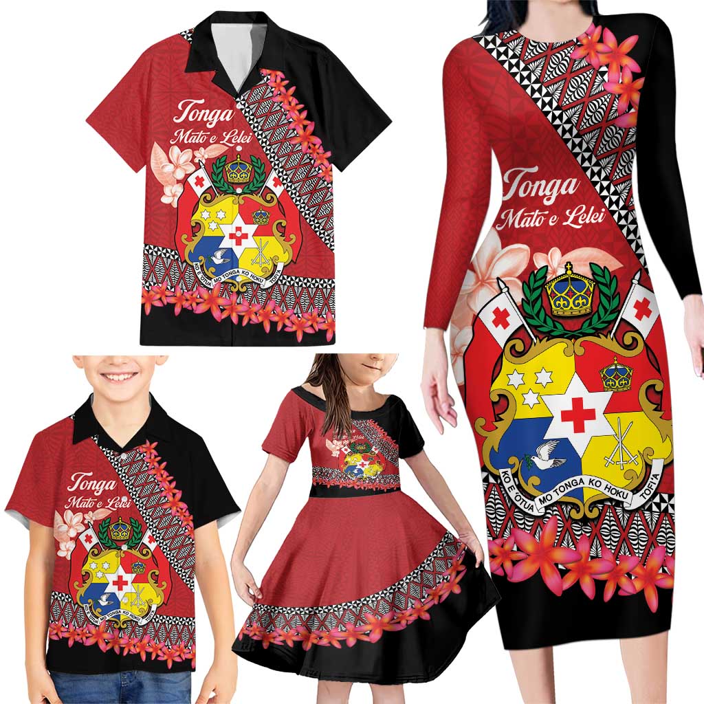 Personalised Tonga Language Week Family Matching Long Sleeve Bodycon Dress and Hawaiian Shirt Malo e Lelei Tongan Ngatu Pattern - Red LT14 - Polynesian Pride