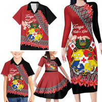 Personalised Tonga Language Week Family Matching Long Sleeve Bodycon Dress and Hawaiian Shirt Malo e Lelei Tongan Ngatu Pattern - Red LT14 - Polynesian Pride