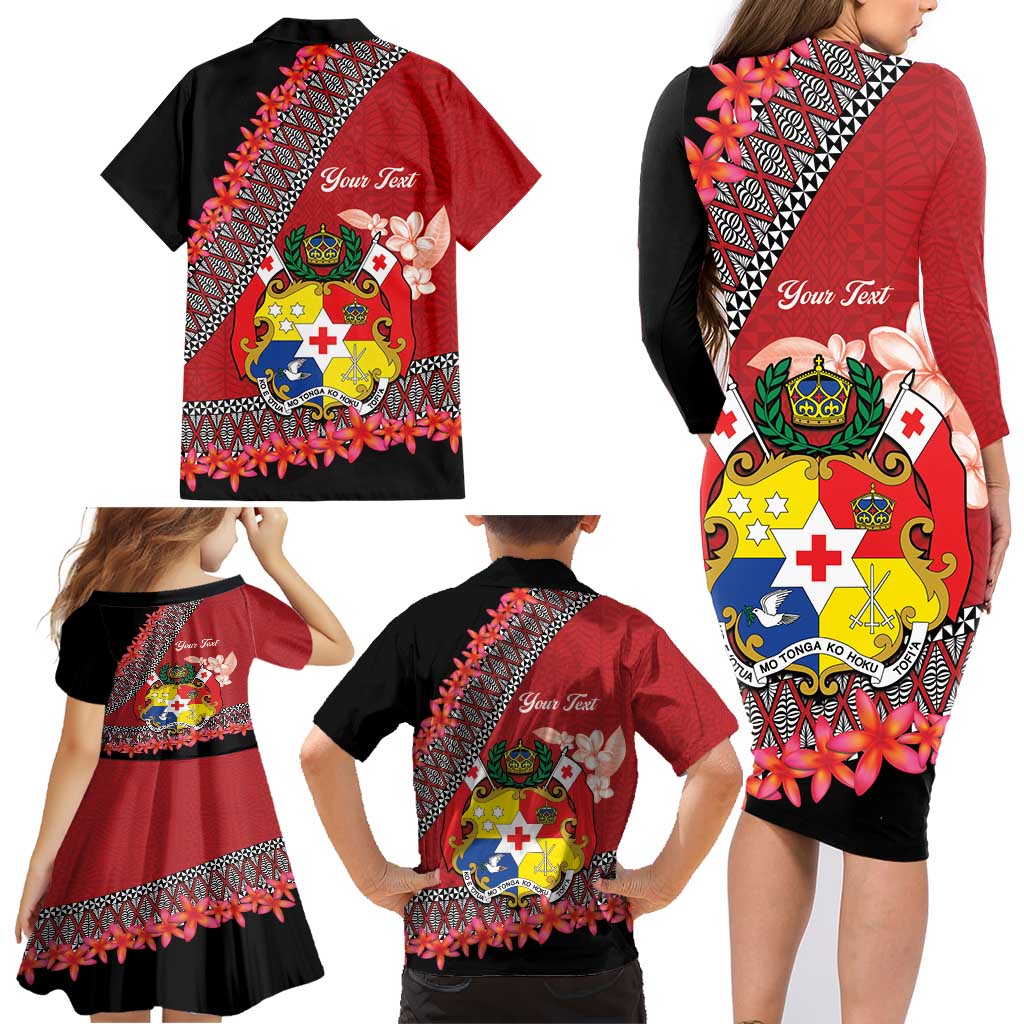 Personalised Tonga Language Week Family Matching Long Sleeve Bodycon Dress and Hawaiian Shirt Malo e Lelei Tongan Ngatu Pattern - Red LT14 - Polynesian Pride