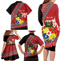 Personalised Tonga Language Week Family Matching Long Sleeve Bodycon Dress and Hawaiian Shirt Malo e Lelei Tongan Ngatu Pattern - Red LT14 - Polynesian Pride