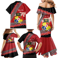 Personalised Tonga Language Week Family Matching Mermaid Dress and Hawaiian Shirt Malo e Lelei Tongan Ngatu Pattern - Red LT14 - Polynesian Pride