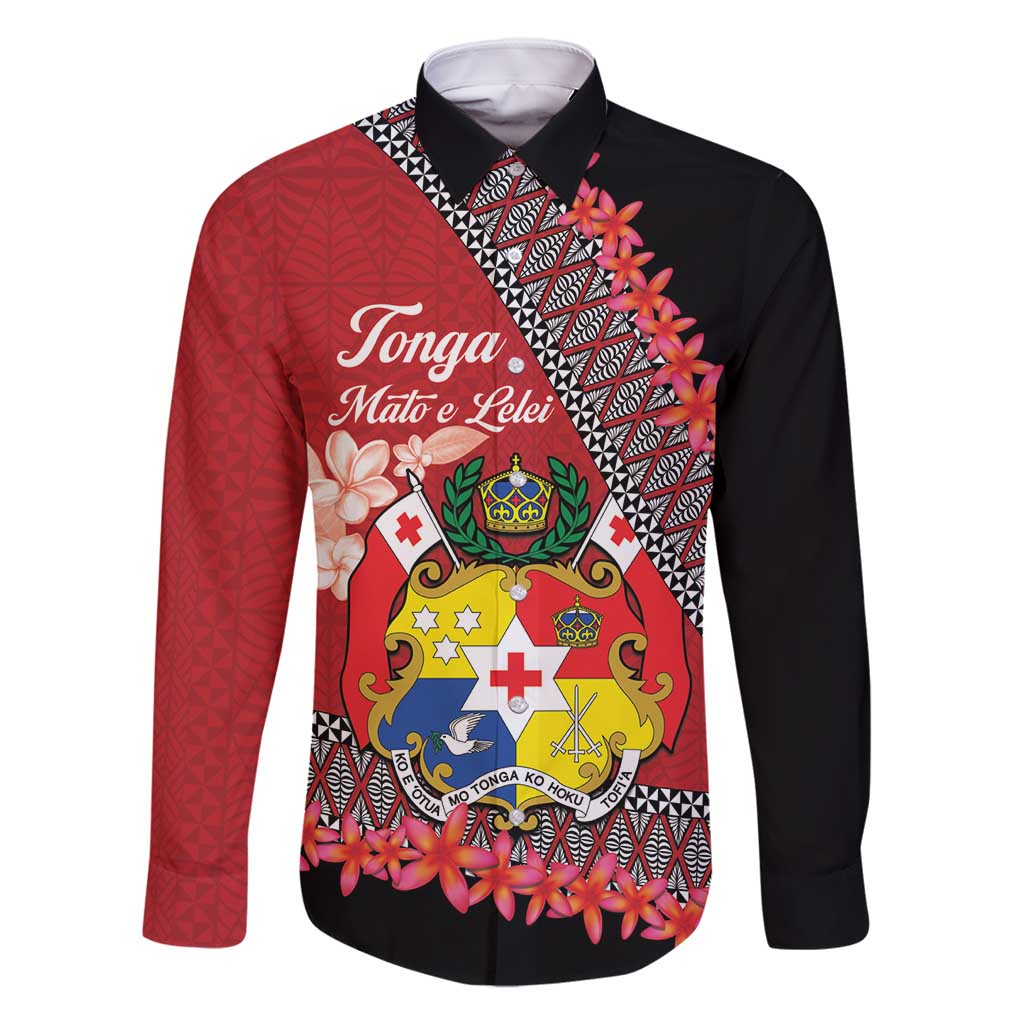 Personalised Tonga Language Week Family Matching Mermaid Dress and Hawaiian Shirt Malo e Lelei Tongan Ngatu Pattern - Red LT14 Dad's Shirt - Long Sleeve Red - Polynesian Pride