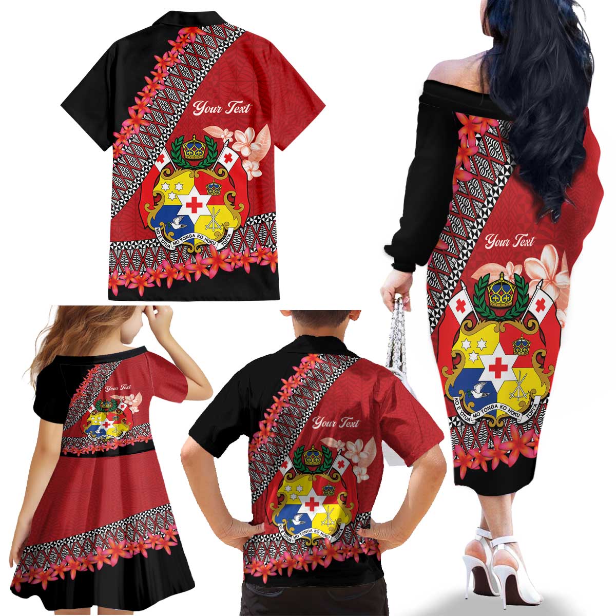 Personalised Tonga Language Week Family Matching Off The Shoulder Long Sleeve Dress and Hawaiian Shirt Malo e Lelei Tongan Ngatu Pattern - Red LT14 - Polynesian Pride