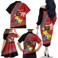 Personalised Tonga Language Week Family Matching Off The Shoulder Long Sleeve Dress and Hawaiian Shirt Malo e Lelei Tongan Ngatu Pattern - Red LT14 - Polynesian Pride