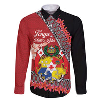 Personalised Tonga Language Week Family Matching Off The Shoulder Long Sleeve Dress and Hawaiian Shirt Malo e Lelei Tongan Ngatu Pattern - Red LT14 Dad's Shirt - Long Sleeve Red - Polynesian Pride