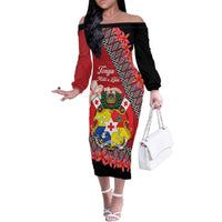 Personalised Tonga Language Week Family Matching Off The Shoulder Long Sleeve Dress and Hawaiian Shirt Malo e Lelei Tongan Ngatu Pattern - Red LT14 Mom's Dress Red - Polynesian Pride