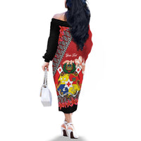 Personalised Tonga Language Week Family Matching Off The Shoulder Long Sleeve Dress and Hawaiian Shirt Malo e Lelei Tongan Ngatu Pattern - Red LT14 - Polynesian Pride