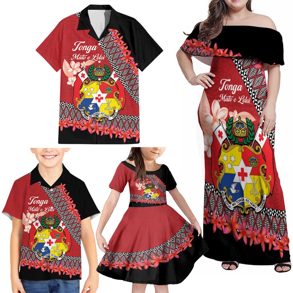 Personalised Tonga Language Week Family Matching Off Shoulder Maxi Dress and Hawaiian Shirt Malo e Lelei Tongan Ngatu Pattern - Red LT14 - Polynesian Pride