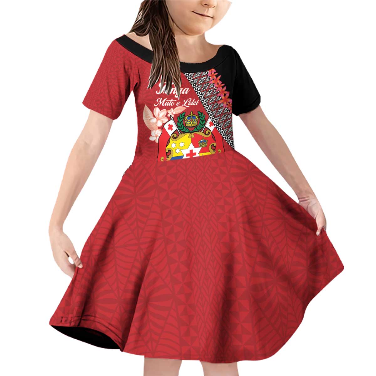 Personalised Tonga Language Week Family Matching Off Shoulder Short Dress and Hawaiian Shirt Malo e Lelei Tongan Ngatu Pattern - Red LT14 Daughter's Dress Red - Polynesian Pride