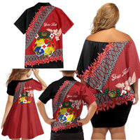Personalised Tonga Language Week Family Matching Off Shoulder Short Dress and Hawaiian Shirt Malo e Lelei Tongan Ngatu Pattern - Red LT14 - Polynesian Pride