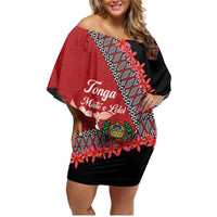 Personalised Tonga Language Week Family Matching Off Shoulder Short Dress and Hawaiian Shirt Malo e Lelei Tongan Ngatu Pattern - Red LT14 Mom's Dress Red - Polynesian Pride