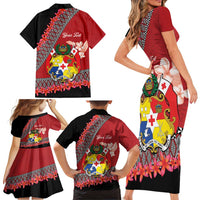 Personalised Tonga Language Week Family Matching Short Sleeve Bodycon Dress and Hawaiian Shirt Malo e Lelei Tongan Ngatu Pattern - Red LT14 - Polynesian Pride