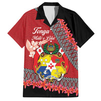 Personalised Tonga Language Week Family Matching Short Sleeve Bodycon Dress and Hawaiian Shirt Malo e Lelei Tongan Ngatu Pattern - Red LT14 Dad's Shirt - Short Sleeve Red - Polynesian Pride