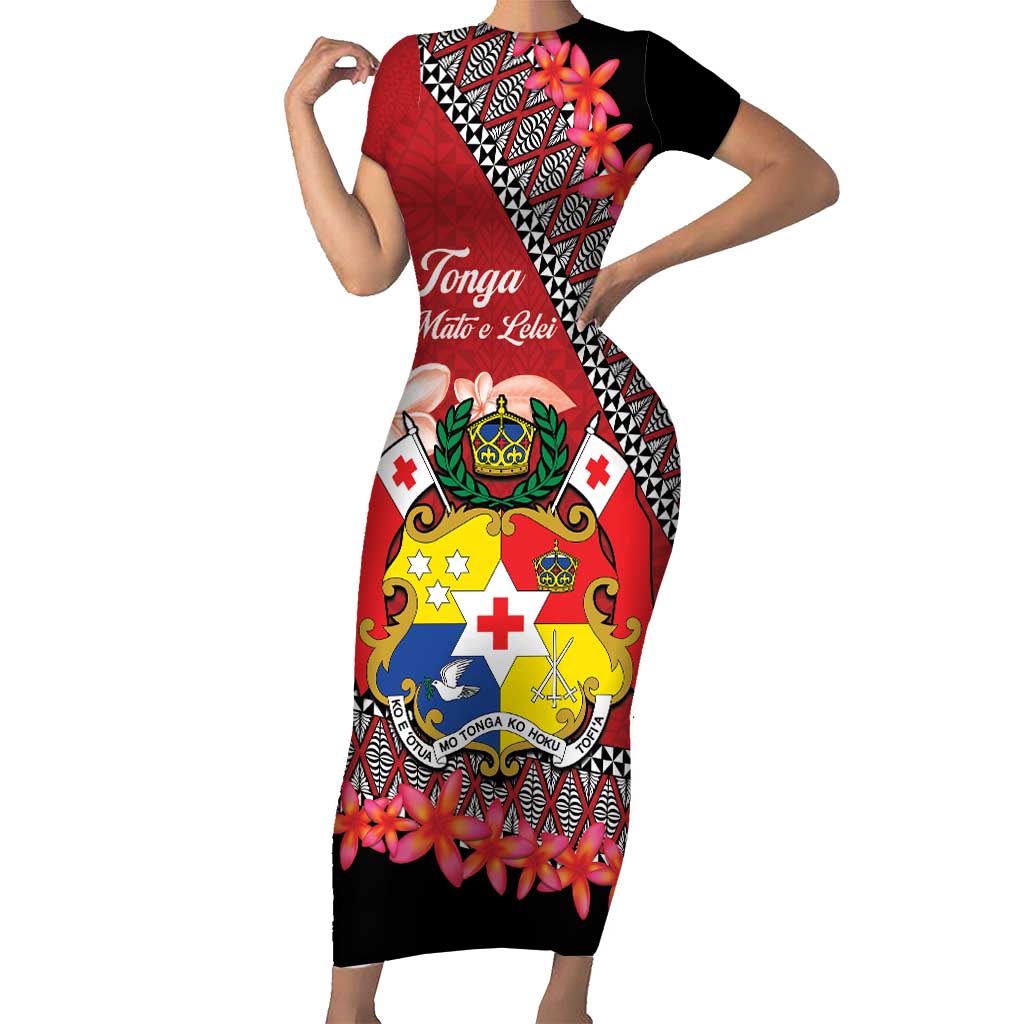 Personalised Tonga Language Week Family Matching Short Sleeve Bodycon Dress and Hawaiian Shirt Malo e Lelei Tongan Ngatu Pattern - Red LT14 Mom's Dress Red - Polynesian Pride