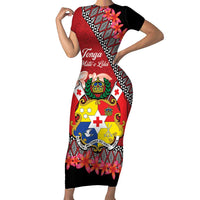 Personalised Tonga Language Week Family Matching Short Sleeve Bodycon Dress and Hawaiian Shirt Malo e Lelei Tongan Ngatu Pattern - Red LT14 Mom's Dress Red - Polynesian Pride