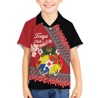 Personalised Tonga Language Week Family Matching Short Sleeve Bodycon Dress and Hawaiian Shirt Malo e Lelei Tongan Ngatu Pattern - Red LT14 Son's Shirt Red - Polynesian Pride