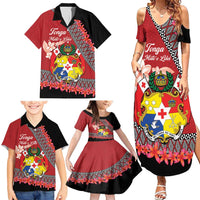 Personalised Tonga Language Week Family Matching Summer Maxi Dress and Hawaiian Shirt Malo e Lelei Tongan Ngatu Pattern - Red LT14 - Polynesian Pride