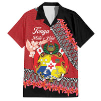Personalised Tonga Language Week Family Matching Summer Maxi Dress and Hawaiian Shirt Malo e Lelei Tongan Ngatu Pattern - Red LT14 Dad's Shirt - Short Sleeve Red - Polynesian Pride