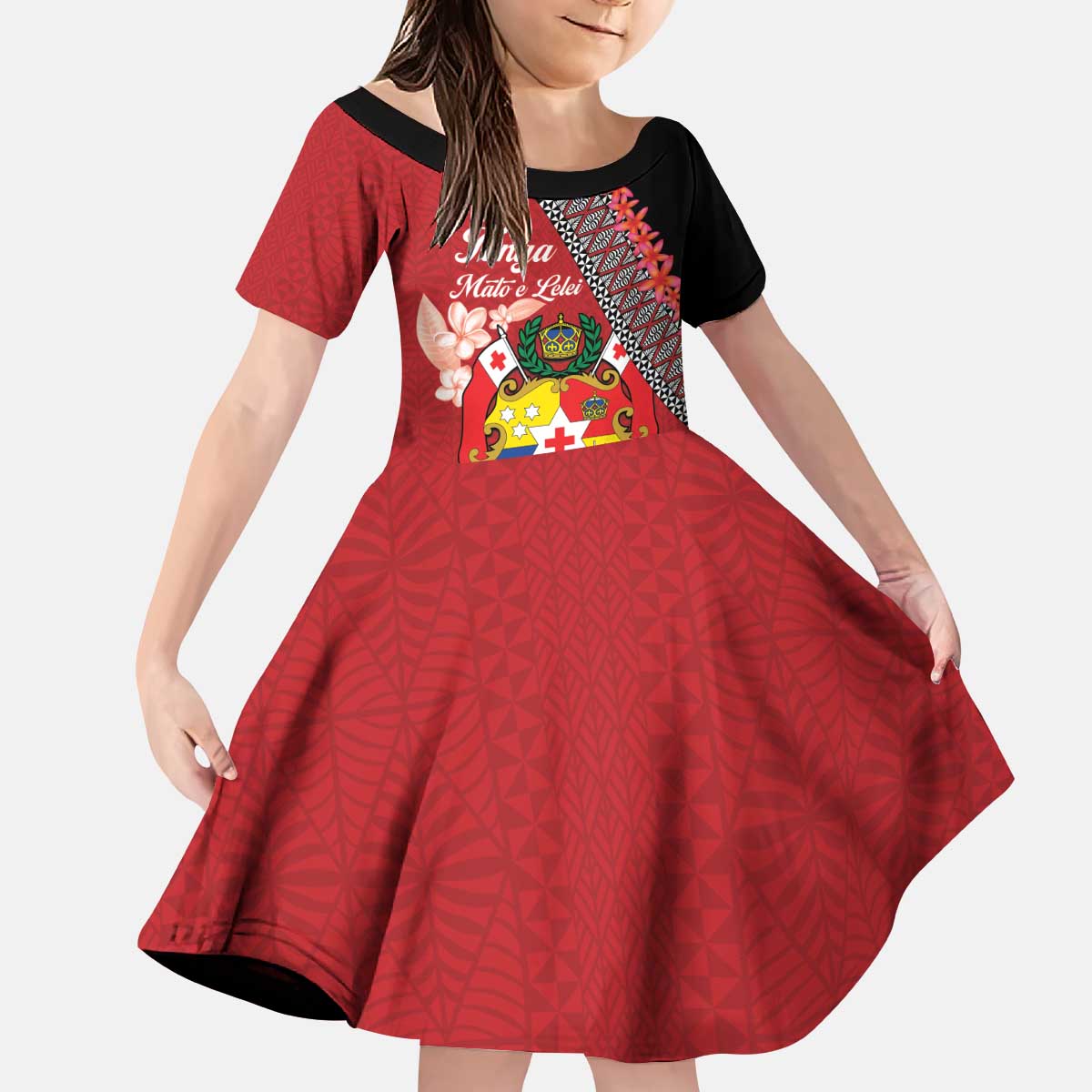 Personalised Tonga Language Week Kid Short Sleeve Dress Malo e Lelei Tongan Ngatu Pattern - Red LT14 KID Red - Polynesian Pride